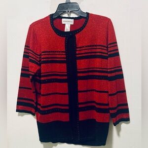 Alfred Dunner 2-in-1 Sweater Set M One Piece Stripe Black Red Metal Mock 2-piece